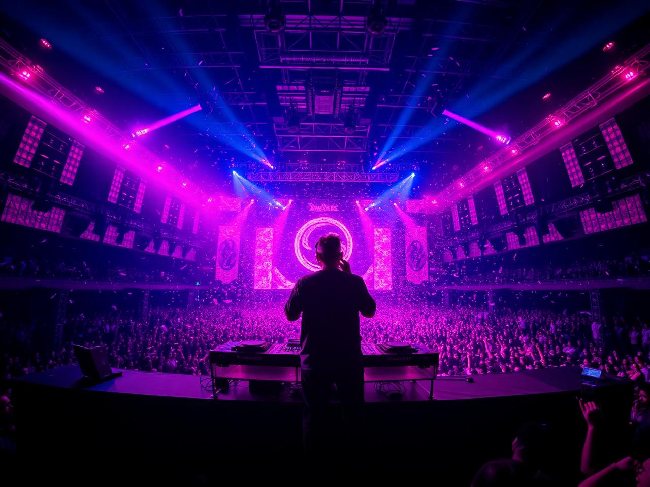 Escenario de una fiesta Youfest con luces neón y público